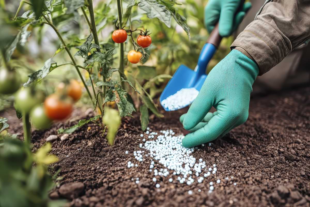 Person spreading granular fertilizer around tomato garden soil.