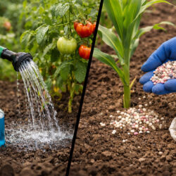 Side by side image with liquid fertilizer pouring from a water container on the left and someone holding granular fertilizer in their palm on the right.