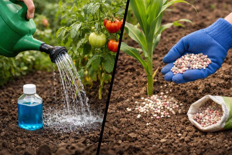 Side by side image with liquid fertilizer pouring from a water container on the left and someone holding granular fertilizer in their palm on the right.
