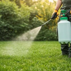 Person fertilizing green lawn from large clear jug.