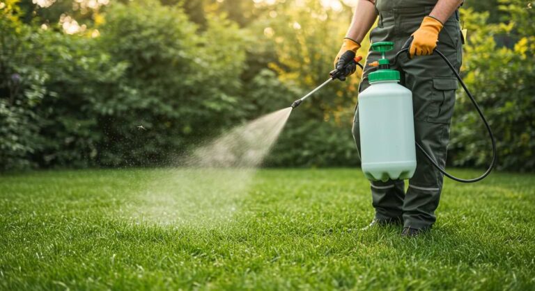 Person fertilizing green lawn from large clear jug.