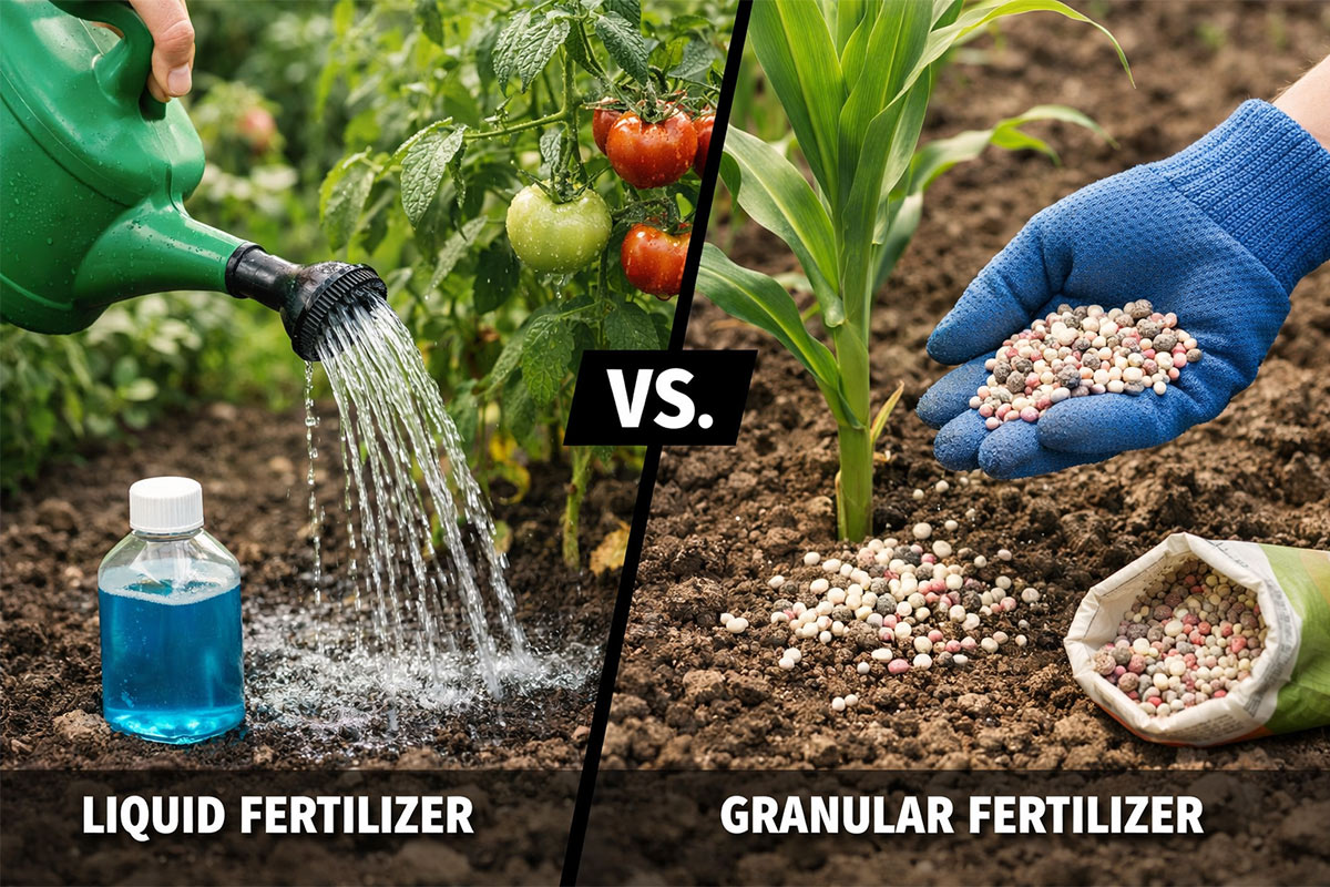 Side by side image with liquid fertilizer pouring from a water container on the left and someone holding granular fertilizer in their palm on the right.