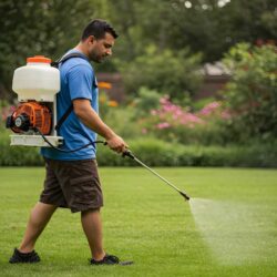 Man in shorts and blue tee shirt spraying green lawn with liquid fertilizer.