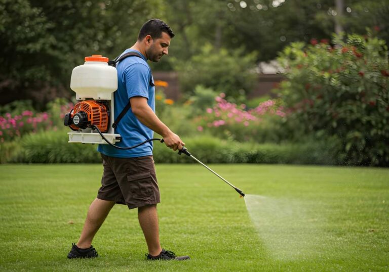 Man in shorts and blue tee shirt spraying green lawn with liquid fertilizer.
