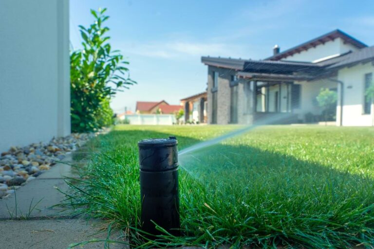 Sprinkler head spraying organic liquid fertilizer on sidewalk-adjacent green grass.