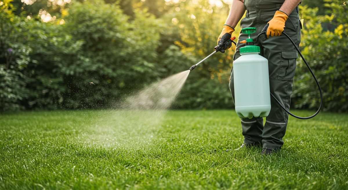 Person fertilizing green lawn from large clear jug.