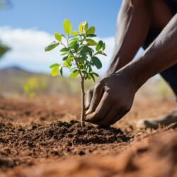 Person tying string around young, newly planted tree.