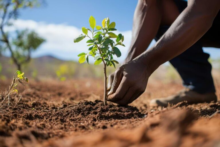 Person tying string around young, newly planted tree.