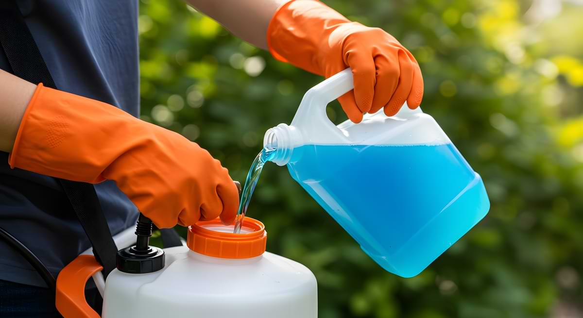 Person with orange gloves pouring blue liquid fertilizer from one jug into another jug.