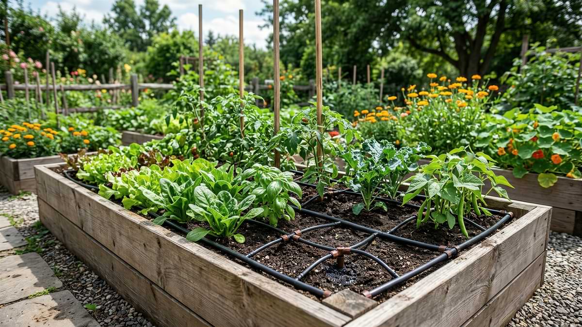 Raised Garden Bed Fertilizer: A How-To Guide 2 Raised vegetable garden with drip irrigation tubes woven through.