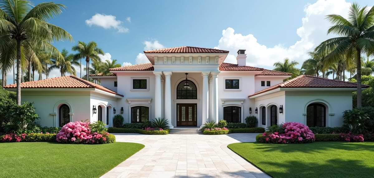 Palm Tree Fertilizer: A Quick & Easy Guide 1 Gorgeous, opulent home with Italian style shingles on a sunny day with 2 palm trees on each side of the house in the yard.