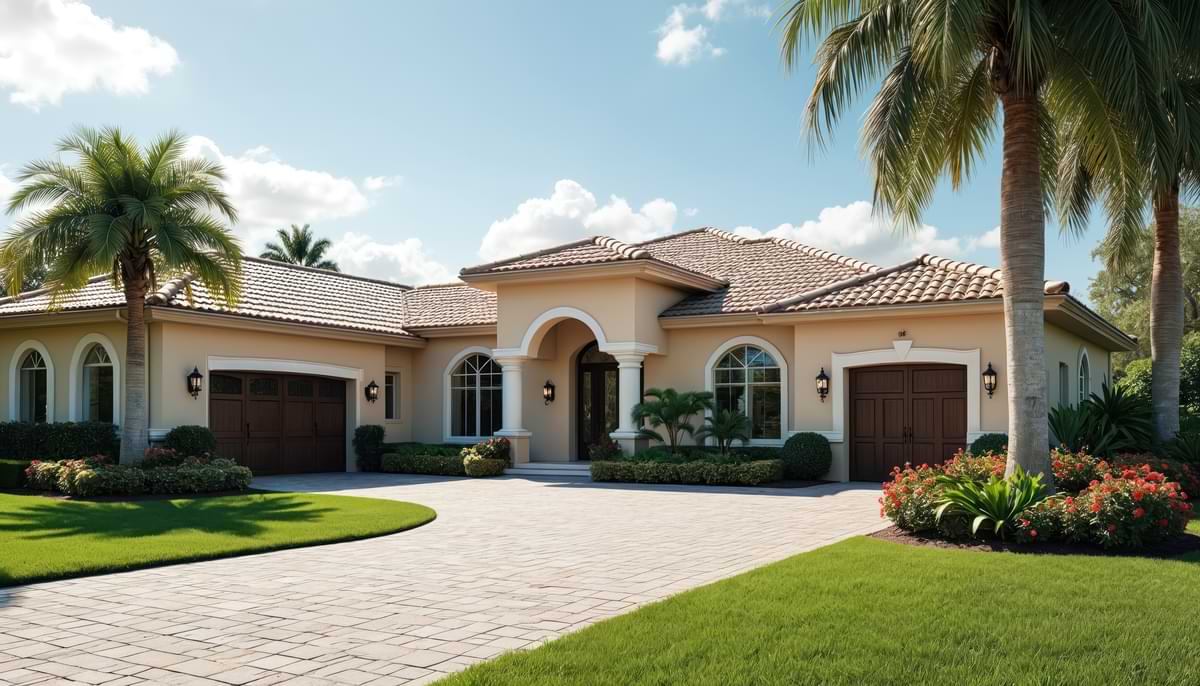 Palm Tree Fertilizer: A Quick & Easy Guide 2 Beautiful middle class home on a sunny day with a palm tree to the right of the brick driveway and another palm tree on the left in the yard.