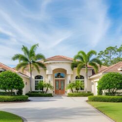 Elaborate Italian-roofed house with 2 beautiful palm trees flanking the front entrance on a sunny, blue-sky day.