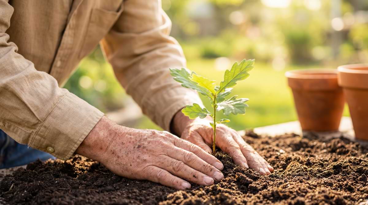 Person planting a green seedling in the dirt during a sunny day.