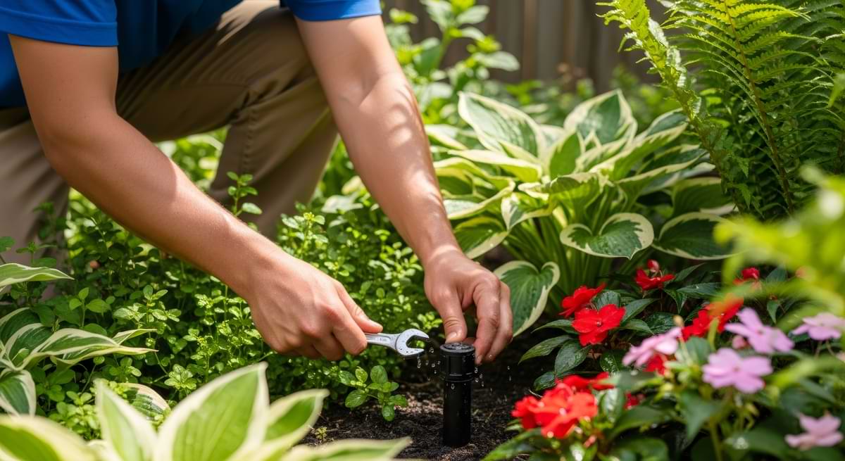 How to Turn off a Rain Bird Sprinkler Head 1 Person using a wrench to adjust a sprinkler head in a garden.