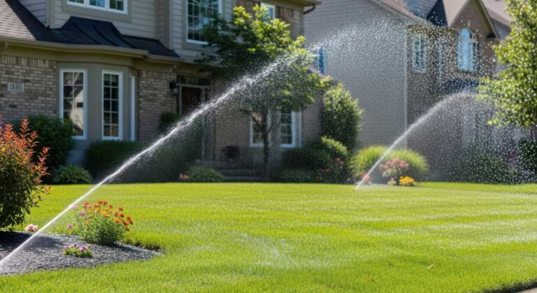 Sprinkler heads spraying water in the yard of an upper middle class home on a beautiful spring day.