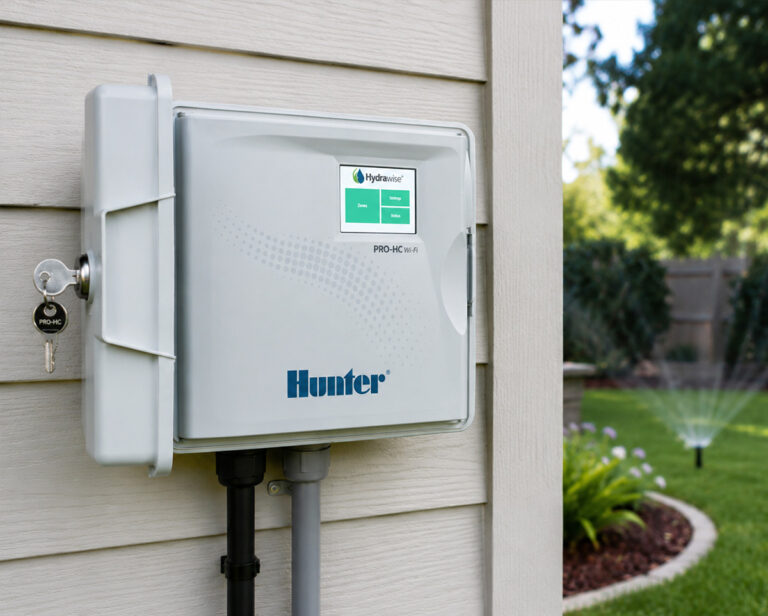 Video Library 1 Hunter HPC controller mounted against exterior wall with beautiful garden in background.