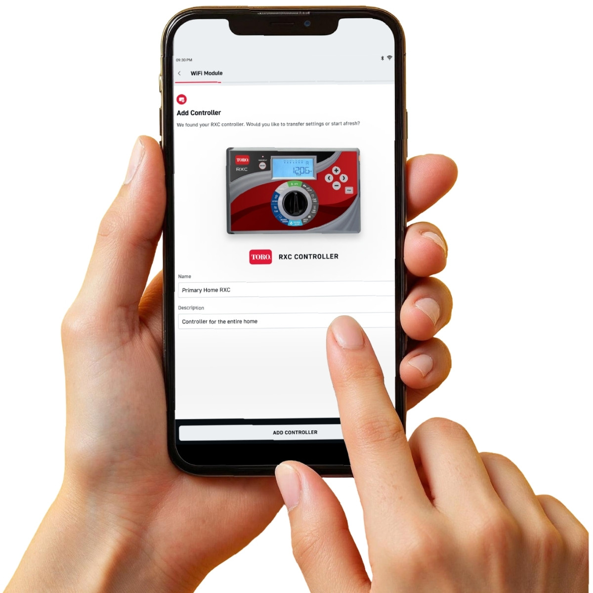 Person using the Toro Oasis app to program their sprinkler controller.